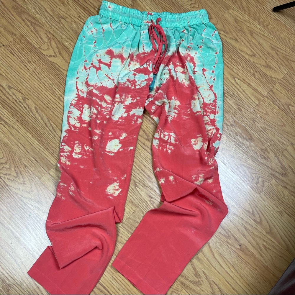 Gypsy 05 Global Village Silk Red and Green Tie-Dye Jogger Pants